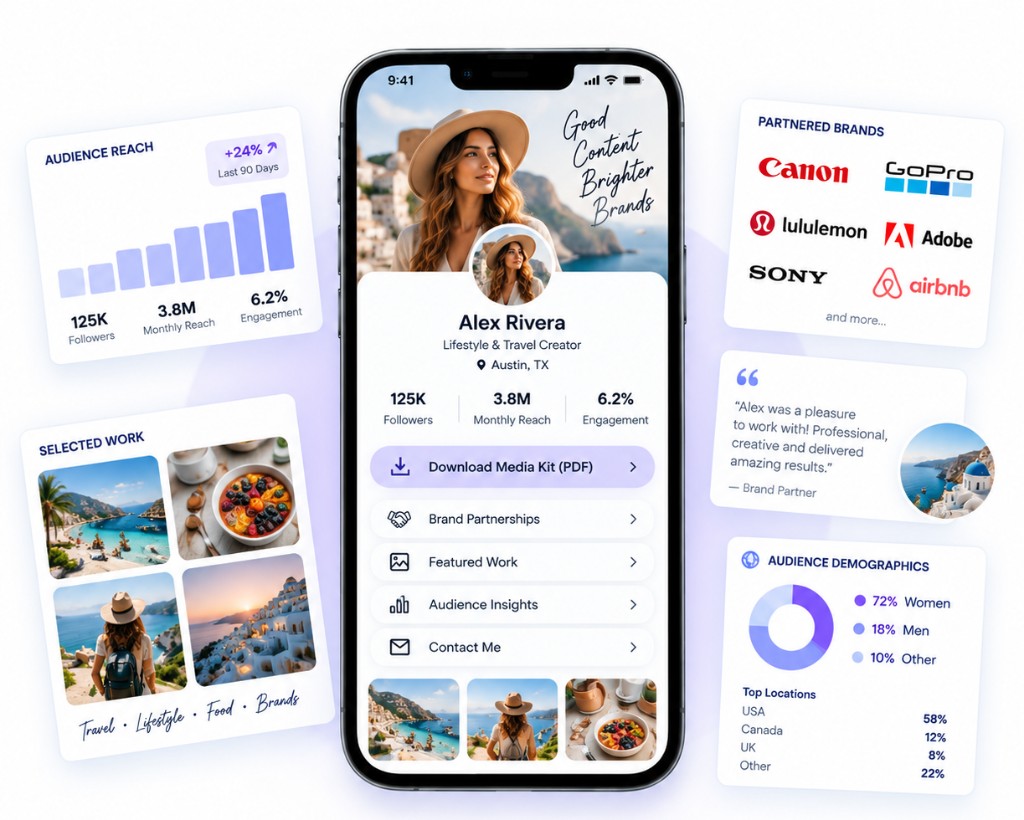 Media kit example with audience reach, partnered brands, and demographics