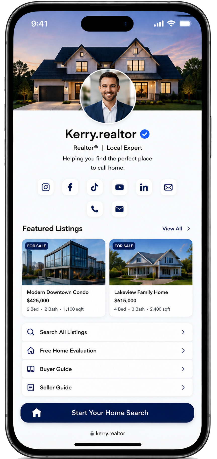 Realtor Smart Bio example with featured listings, guides, and a home search CTA