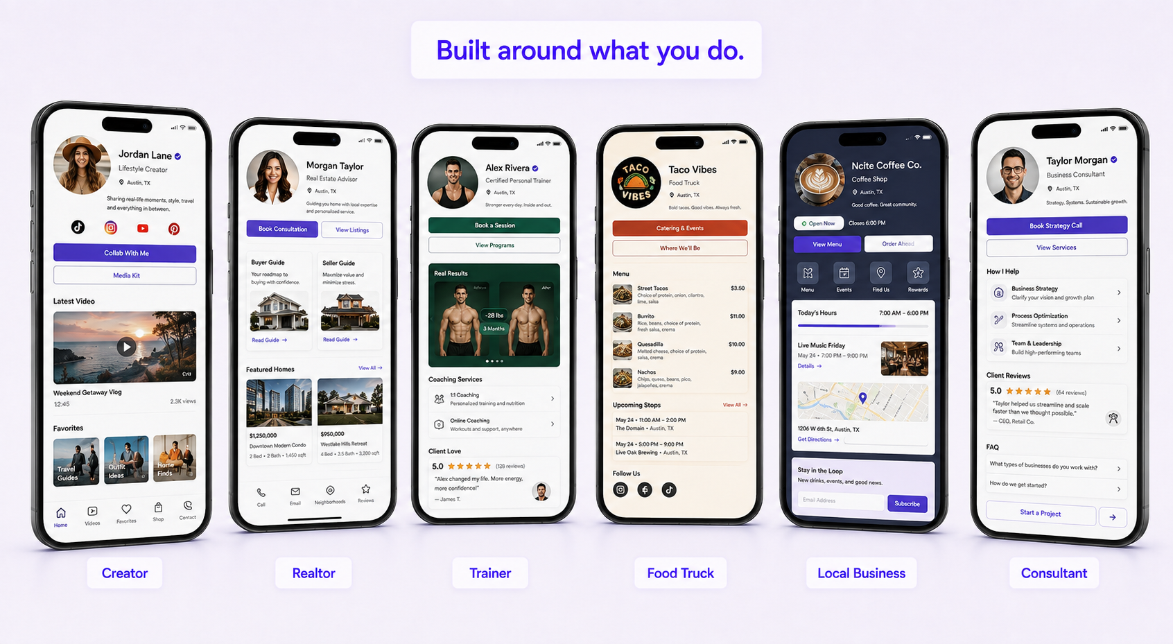 Six complete Ncite profile examples for creators, realtors, trainers, food trucks, local businesses, and consultants